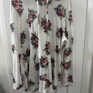 Floral Drawstring Hoodie Tunic - Cream with Rose Print